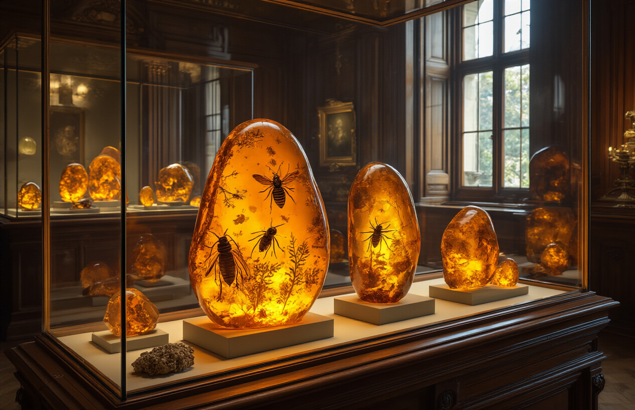 realistic image of a dimly lit museum display case filled with stunning amber specimens of various sizes and golden hues, some containing ancient preserved insects and plant fragments, glowing warmly under soft spotlights that illuminate their translucent orange and honey-colored depths, set inside an elegant historic mansion interior with wooden paneling and ornate details visible in the background, evoking a sense of timeless wonder and discovery, with a warm, intimate atmosphere that highlights the natural beauty and ancient mystery of the amber pieces. Absolutely NO text should be in the scene.