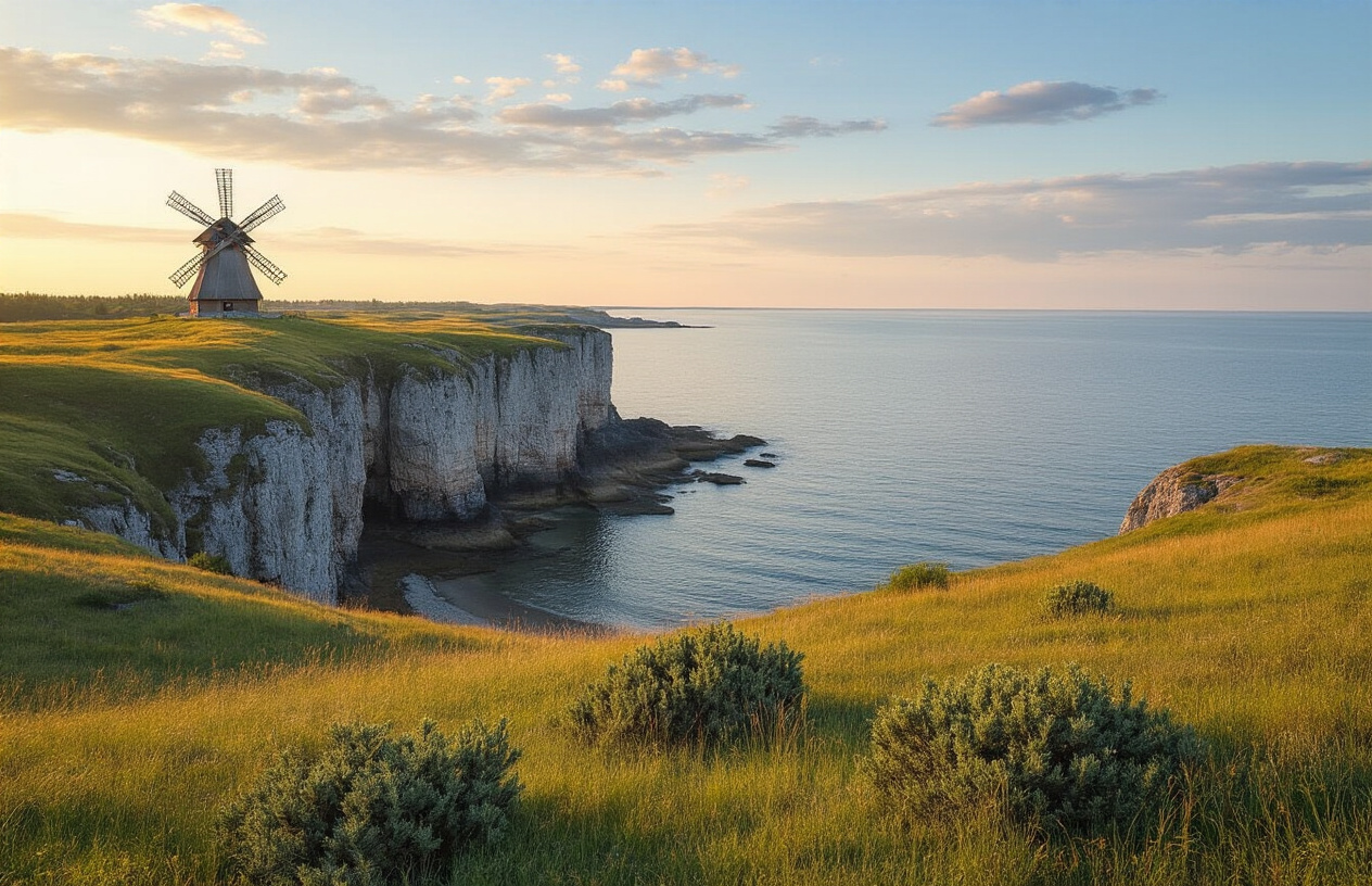 realistic image of a breathtaking coastal landscape on Saaremaa Island, Estonia, featuring rugged limestone cliffs meeting the calm Baltic Sea, with a traditional Estonian windmill standing in the distance amid lush green meadows, wild juniper bushes dotting the foreground, soft golden hour light casting warm tones across the scene, conveying a sense of remote tranquility and unspoiled natural beauty, with no signs of crowds or modern tourism infrastructure, evoking the feeling of a hidden, rewarding escape. Absolutely NO text should be in the scene.
