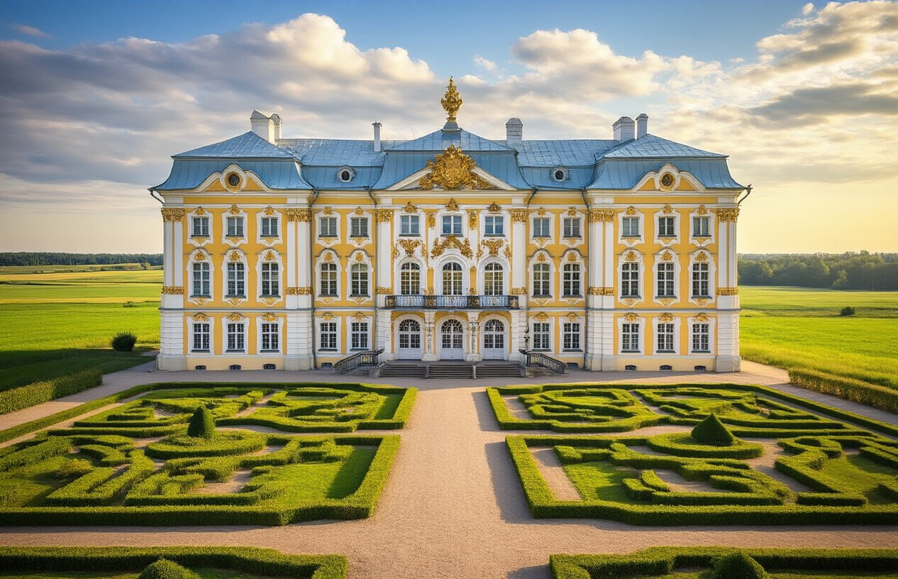realistic image of the grand exterior of Rundale Palace in Latvia, a stunning Baroque architectural masterpiece featuring an ornate yellow and white facade with large symmetrical windows, decorative pilasters, and a formal French-style garden in the foreground with neatly trimmed hedges and geometric pathways, surrounded by vast open Latvian countryside with flat green fields and a wide open sky with soft clouds, captured in warm golden afternoon light that highlights the palace's intricate architectural details, conveying a sense of hidden grandeur and historical elegance in an unexpected rural setting. Absolutely NO text should be in the scene.
