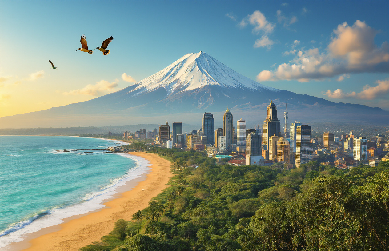 realistic image of a stunning composite collage-style scene showcasing the diverse beauty of Kenya, featuring a lush coastal beach with turquoise waters on one side, a snow-capped Mount Kenya peak in the background, a vibrant bustling Nairobi cityscape with modern skyscrapers on another side, and a rich green forest with exotic birds in the foreground, all blended seamlessly into one breathtaking panoramic view, bathed in warm golden hour lighting that evokes a sense of wonder, adventure, and discovery, with a mood that is uplifting, inspiring, and celebratory of Kenya's rich diversity. Absolutely NO text should be in the scene.