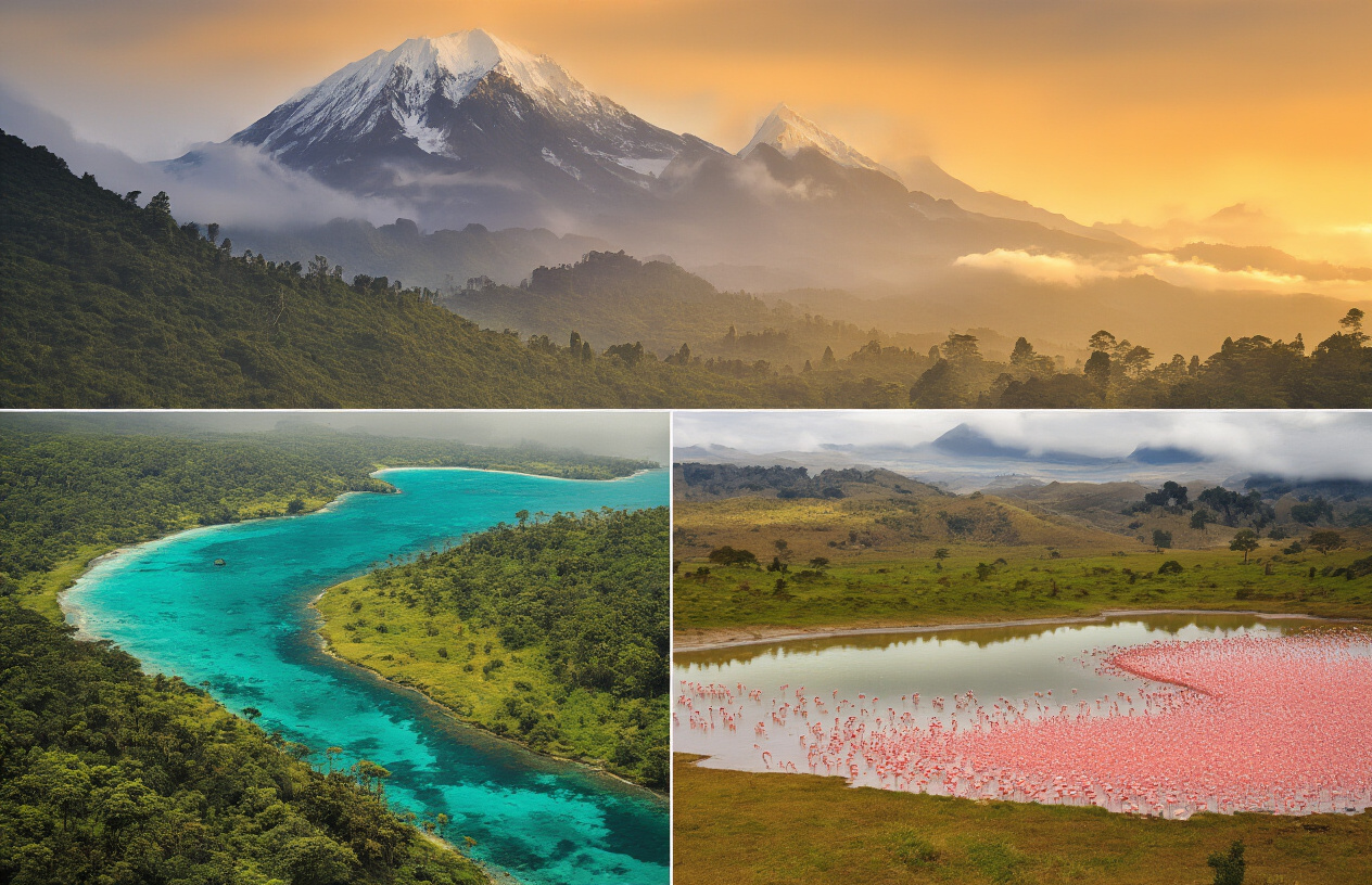 realistic image of a stunning collage-style landscape showcasing Kenya's diverse natural wonders, featuring a lush green montane forest with mist-covered peaks of Mount Kenya in the background, a vibrant turquoise coastal reef along the Indian Ocean shoreline, and a dramatic flamingo-filled alkaline lake in the foreground, all bathed in warm golden hour lighting that highlights the rich variety of ecosystems, creating a sense of awe and discovery beyond the typical savannah scenery. Absolutely NO text should be in the scene.