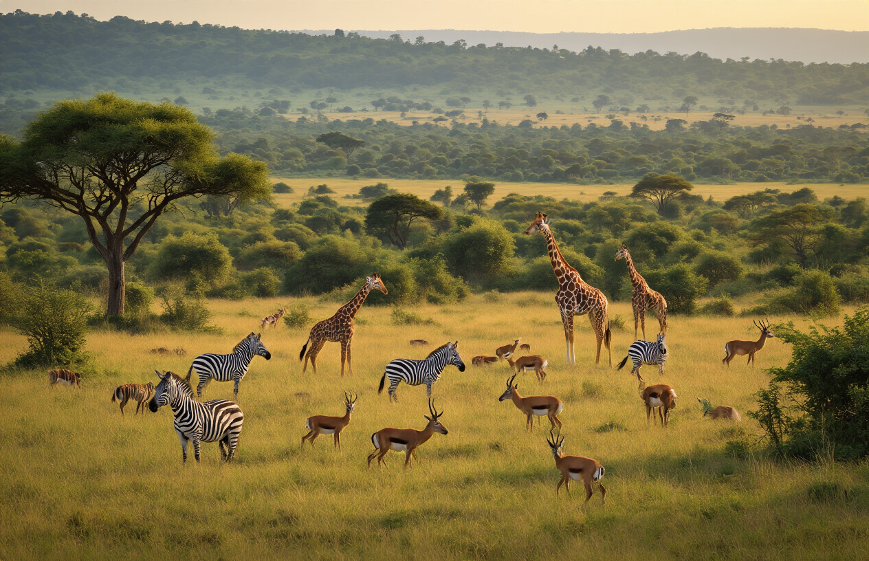 realistic image of a breathtaking, lesser-known Kenyan wildlife landscape featuring a diverse mix of animals such as zebras, giraffes, and antelopes roaming freely across an unspoiled savanna, with a dramatic backdrop of lush greenery and distant hills under a warm golden hour light, conveying a sense of untouched wilderness and hidden natural wonder, with no tourist crowds in sight, evoking a peaceful and awe-inspiring mood. Absolutely NO text should be in the scene.
