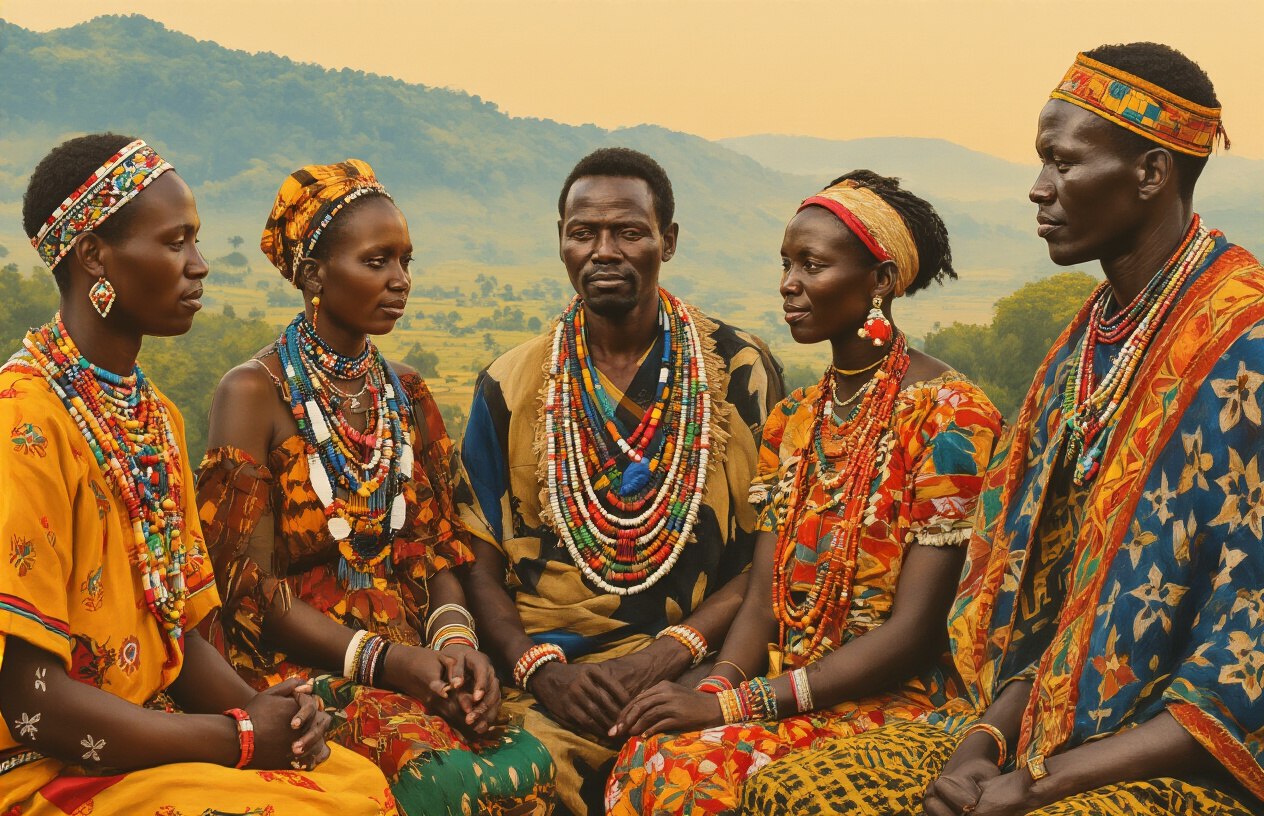 realistic image of a vibrant collage-style scene showcasing Kenya's diverse cultural richness, featuring black male and female individuals from different Kenyan ethnic groups dressed in their distinct traditional attire, including colorful beaded jewelry, woven fabrics, and ceremonial garments, gathered together in a warm and celebratory atmosphere, with iconic Kenyan landscapes such as lush highlands and coastal elements softly visible in the background, bathed in warm golden natural light that evokes unity, diversity, and cultural pride. Absolutely NO text should be in the scene.