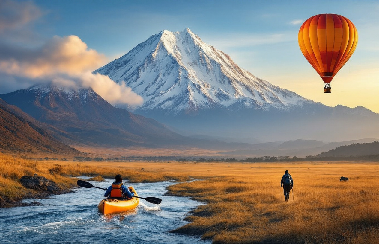 realistic image of a dynamic collage-style scene showcasing multiple thrilling adventure activities in Kenya's diverse landscapes, featuring a black male hiker trekking on the snow-capped peaks of Mount Kenya in the background, a black female kayaker paddling through white-water rapids in the middle ground, and a wide savannah in the foreground with a hot air balloon floating above it at golden hour, the overall mood energetic and adventurous with warm, vibrant lighting highlighting the rich natural beauty of Kenya beyond its famous plains. Absolutely NO text should be in the scene.