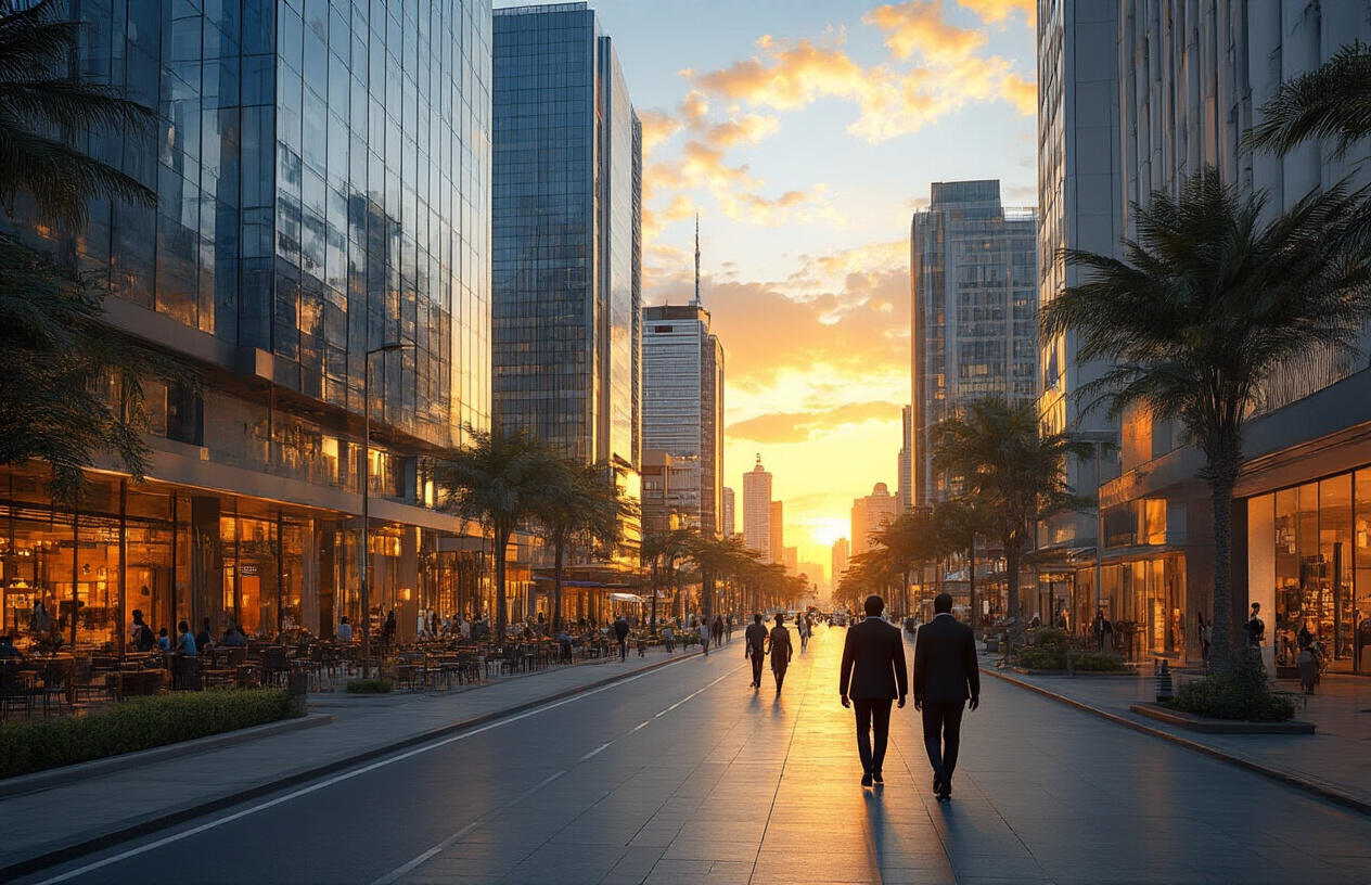 realistic image of a vibrant and modern Nairobi cityscape during golden hour, featuring sleek glass skyscrapers and contemporary architecture reflecting warm sunset light, with busy streets lined with upscale restaurants, art galleries, and modern shopping malls, capturing the energy of urban Kenya with well-dressed black men and women walking along clean sidewalks, the scene conveying a cosmopolitan atmosphere that blends African culture with modern sophistication, shot from a wide street-level perspective to showcase the city's dynamic urban character. Absolutely NO text should be in the scene.
