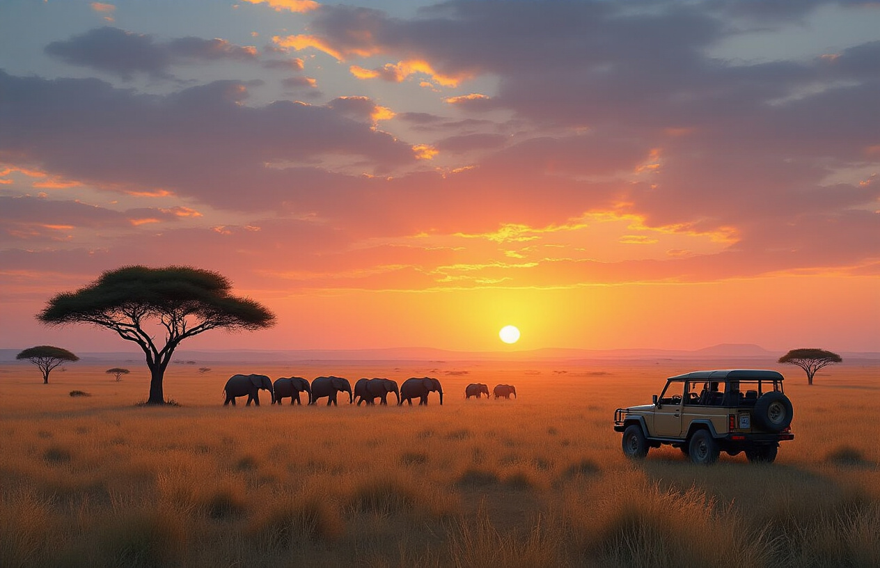 realistic image of a breathtaking panoramic view of the African savanna at golden hour, with a vast open landscape stretching to the horizon, featuring a herd of elephants silhouetted against a warm orange and pink sunset sky, acacia trees dotting the terrain, and a safari jeep parked in the foreground overlooking the scene, evoking a sense of adventure, accomplishment, and wonder, with soft golden light casting long shadows across the grasslands, capturing the essence of a perfect Tanzania safari experience. Absolutely NO text should be in the scene.