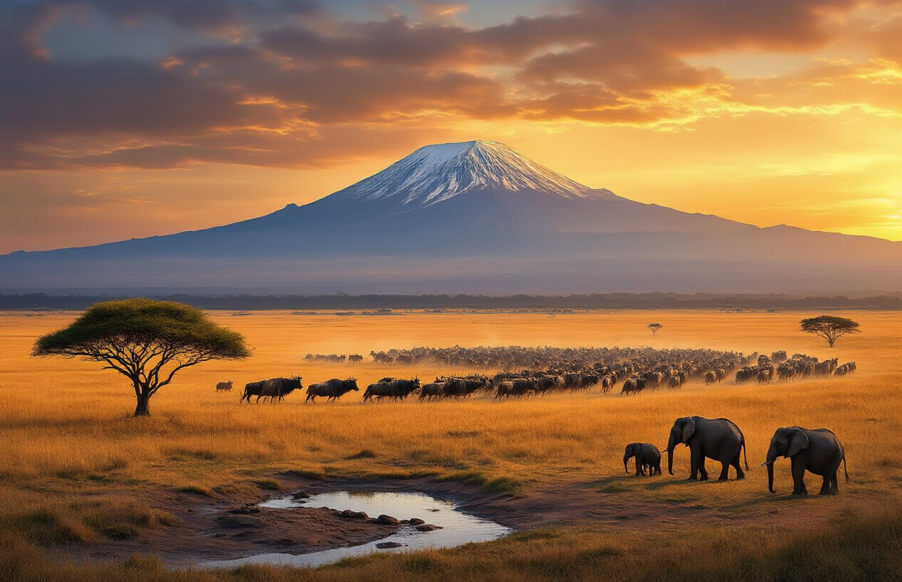 realistic image of a breathtaking panoramic collage-style scene showcasing Tanzania's iconic national parks, featuring the vast golden savanna of the Serengeti with a massive herd of wildebeest migrating across the plains, Mount Kilimanjaro's snow-capped peak rising in the background, a lone acacia tree silhouetted against a warm sunset sky, and a group of elephants walking near a watering hole in the foreground, with rich amber and golden lighting casting a dramatic glow across the entire landscape, evoking a sense of adventure and natural wonder. Absolutely NO text should be in the scene.