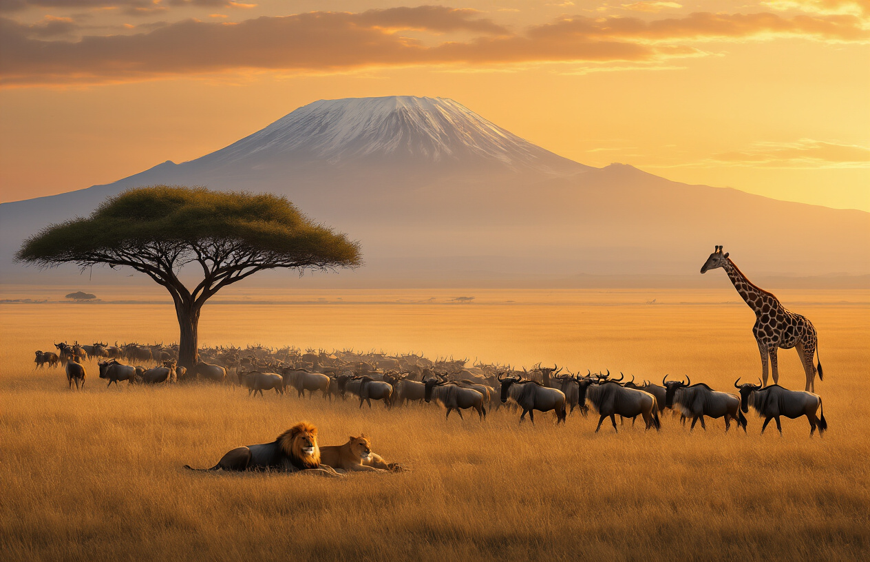 realistic image of a vast golden savanna in Tanzania's Serengeti, showcasing a dramatic wildlife scene with a large herd of wildebeest migrating across the open plains, while a pride of lions rests nearby under a flat-topped acacia tree, and a towering giraffe grazes in the background against the iconic silhouette of Mount Kilimanjaro at golden hour, bathed in warm amber and orange light that creates a breathtaking, awe-inspiring atmosphere. Absolutely NO text should be in the scene.