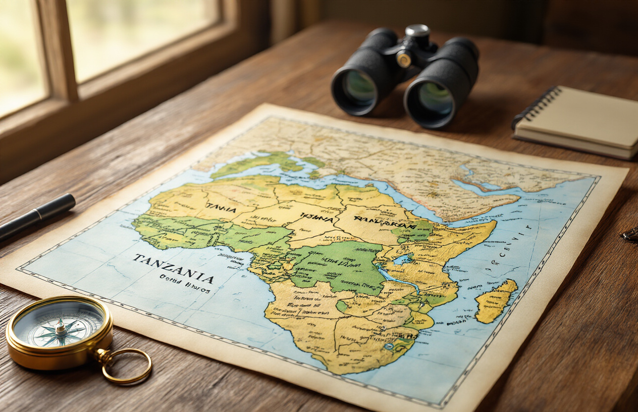realistic image of a detailed map of Tanzania's national parks spread open on a wooden table, with a compass, binoculars, and a small notebook placed beside it, soft warm natural light illuminating the scene from a nearby window, conveying a sense of thoughtful planning and adventure preparation, with a shallow depth of field that keeps the map as the central focus, evoking an organized yet exciting safari planning mood. Absolutely NO text should be in the scene.