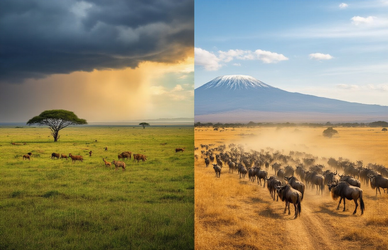 realistic image of a stunning split-scene collage showing Tanzania's Serengeti National Park during two contrasting seasons, with the left half depicting the lush green landscape of the wet season with dramatic storm clouds and vibrant wildlife, and the right half showing the dry golden savanna with dust-filled air and large herds of wildebeest migrating under a warm, hazy sun, with Mount Kilimanjaro faintly visible in the background, the overall mood conveying the beauty and diversity of Tanzania's national parks throughout the year, with golden and warm natural lighting to highlight the contrast between seasons. Absolutely NO text should be in the scene.