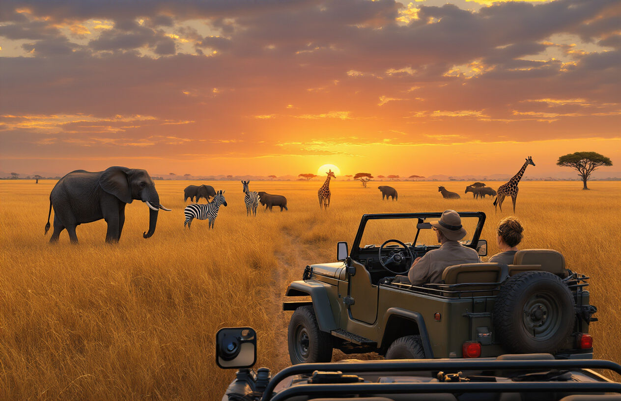 realistic image of a classic open-top safari jeep driving through the vast golden savanna of Tanzania, with a diverse group of wildlife including elephants, zebras, and giraffes visible in the background, set during the warm golden hour of late afternoon with a dramatic orange sky, conveying a sense of adventure and exploration in the African wilderness, with binoculars and a camera resting on the jeep's dashboard suggesting active wildlife observation activities. Absolutely NO text should be in the scene.