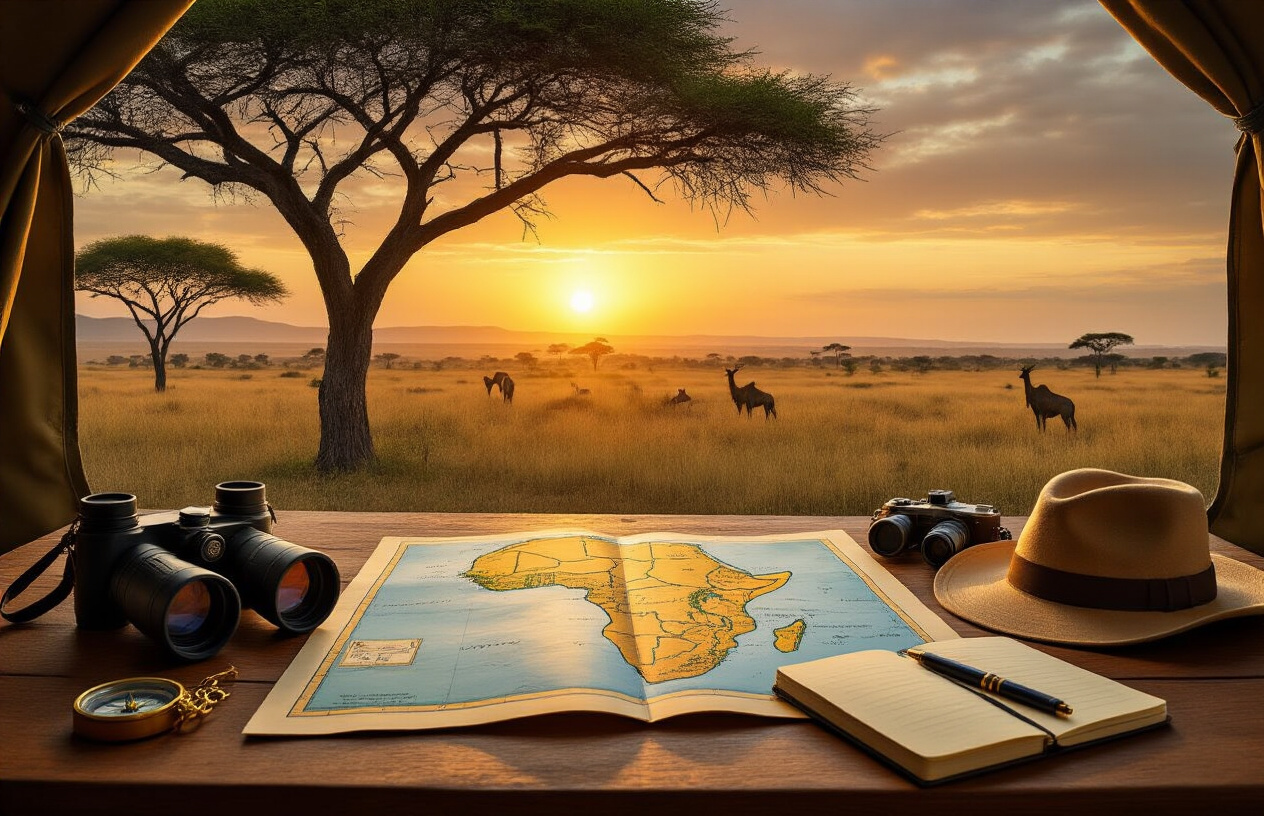 realistic image of a well-organized safari planning setup on a wooden table in a cozy lodge tent, featuring a detailed map of Tanzania spread open, a pair of binoculars, a camera, a safari hat, a compass, and a travel journal with a pen, with a warm golden sunset casting a soft glow through the tent opening in the background revealing a sweeping African savanna landscape with acacia trees, evoking a sense of adventure and careful preparation, Absolutely NO text should be in the scene.
