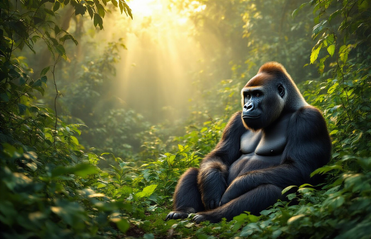 realistic image of a majestic mountain gorilla sitting peacefully among lush green vegetation in the dense rainforest of Bwindi Impenetrable Forest in Uganda, with soft golden morning light filtering through the forest canopy, casting a warm and serene atmosphere, showcasing the gorilla in close proximity with rich, verdant jungle foliage surrounding it, evoking a sense of wonder, conservation success, and an unforgettable wildlife encounter. Absolutely NO text should be in the scene.