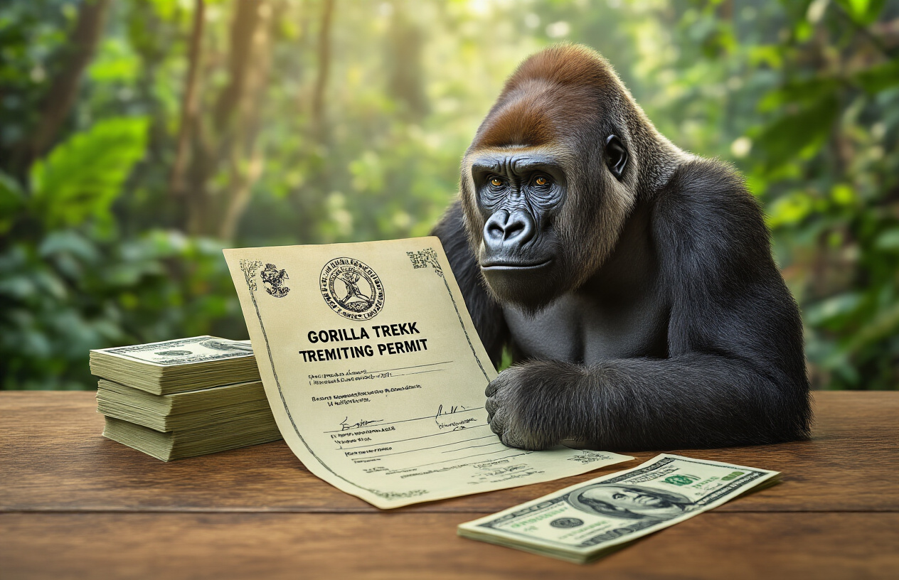 realistic image of a gorilla trekking permit document placed on a wooden table next to a small stack of US dollar bills and Ugandan shilling notes, symbolizing affordability, with a lush green jungle background softly blurred, warm natural lighting highlighting the permit and currency, conveying a sense of value and accessibility. Absolutely NO text should be in the scene.
