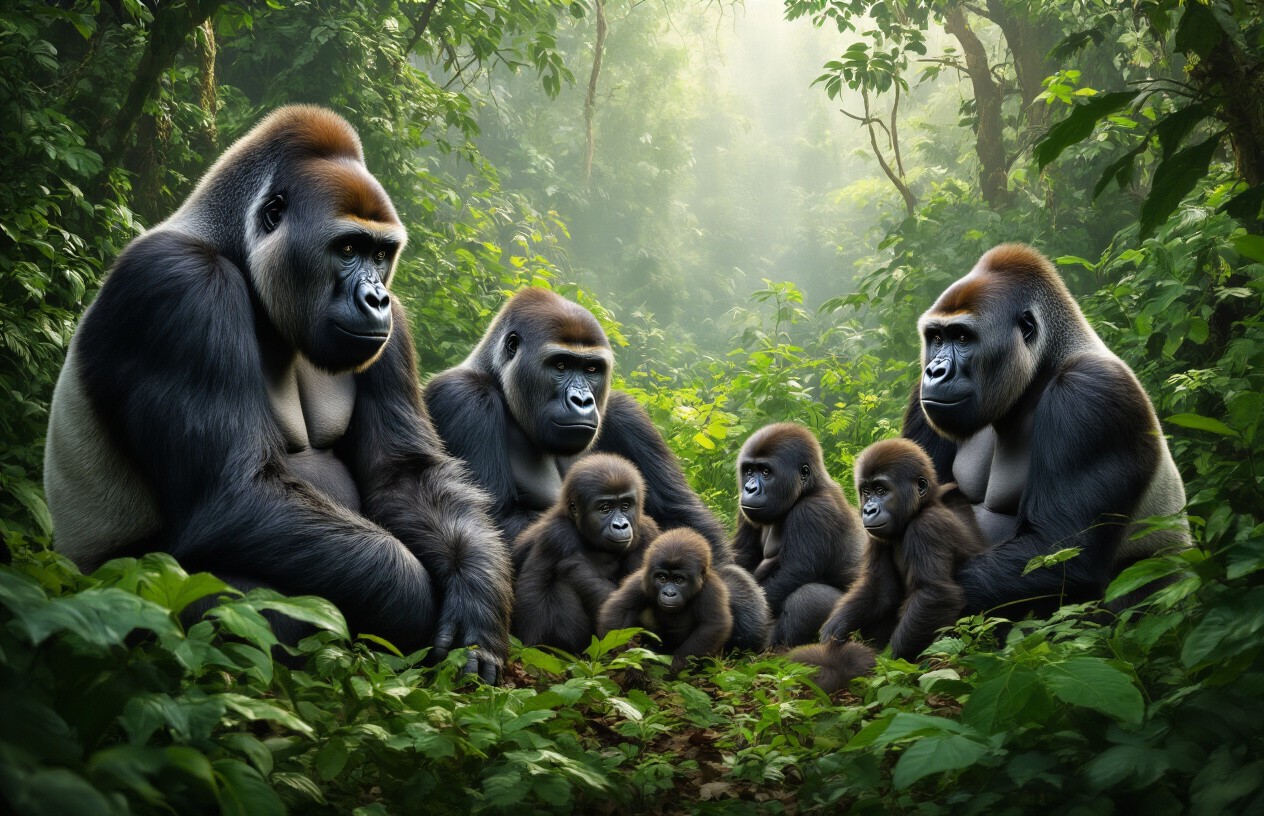 realistic image of a large family group of mountain gorillas in their natural lush green forest habitat in Bwindi Impenetrable Forest, Uganda, with multiple gorillas of different ages visible including a dominant silverback, several adult females, and young juveniles playing, set against dense tropical vegetation with soft dappled sunlight filtering through the forest canopy, creating an atmosphere of abundance and biodiversity, showcasing the richness of the gorilla population in a serene and immersive jungle setting. Absolutely NO text should be in the scene.
