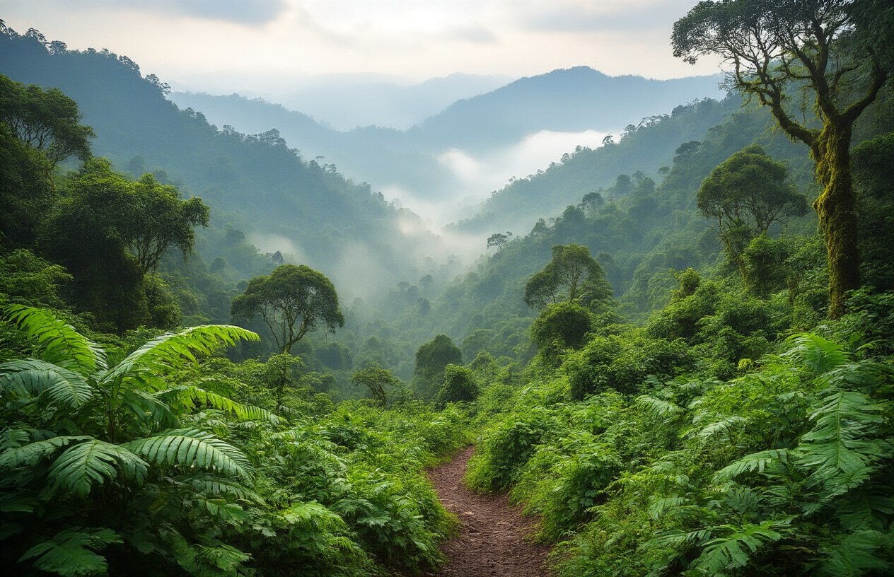 realistic image of a lush, diverse trekking landscape in Uganda's Bwindi Impenetrable Forest, showcasing a dramatic scene with dense ancient rainforest vegetation, misty mountain ridges layered in the background, thick tangled undergrowth with giant ferns and mossy trees, and a winding narrow trail cutting through the jungle, bathed in soft diffused morning light filtering through the forest canopy, creating a mysterious and adventurous atmosphere that highlights the rich, varied terrain of Uganda's gorilla trekking environment. Absolutely NO text should be in the scene.