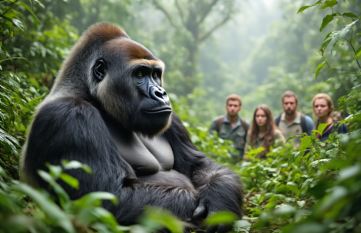 realistic image of a close-up, intimate encounter between a wild mountain gorilla and a small group of tourists in the lush green misty forests of Bwindi Impenetrable Forest, Uganda, with the large silverback gorilla calmly sitting in the foreground surrounded by dense tropical vegetation, while awestruck tourists observe quietly in the background, the scene bathed in soft natural diffused light filtering through the forest canopy, evoking a sense of wonder, connection, and rare privilege, capturing the extended peaceful moment between humans and wildlife. Absolutely NO text should be in the scene.