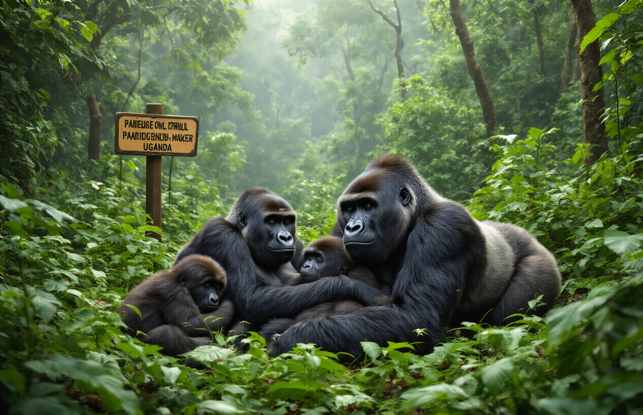 realistic image of a mountain gorilla family peacefully resting in the lush, dense green forest of Bwindi Impenetrable National Park in Uganda, with a ranger patrol sign or conservation boundary marker subtly visible in the background, conveying a sense of protection and preservation, the scene bathed in soft natural light filtering through the forest canopy, evoking a serene and undisturbed wilderness atmosphere that reflects successful conservation efforts. Absolutely NO text should be in the scene.