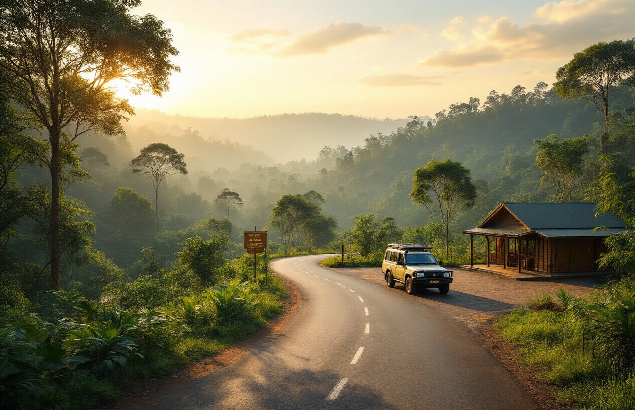 realistic image of a well-maintained mountain road winding through lush green Ugandan jungle landscape leading toward Bwindi Impenetrable Forest, with a modern visitor reception center or ranger station visible in the background, clear signage infrastructure along the path, and a neatly marked parking area with a safari vehicle parked nearby, bathed in warm golden morning light that conveys a sense of welcoming accessibility and organized tourism infrastructure, with a calm and inviting atmosphere suggesting ease of arrival and comfort for visitors. Absolutely NO text should be in the scene.