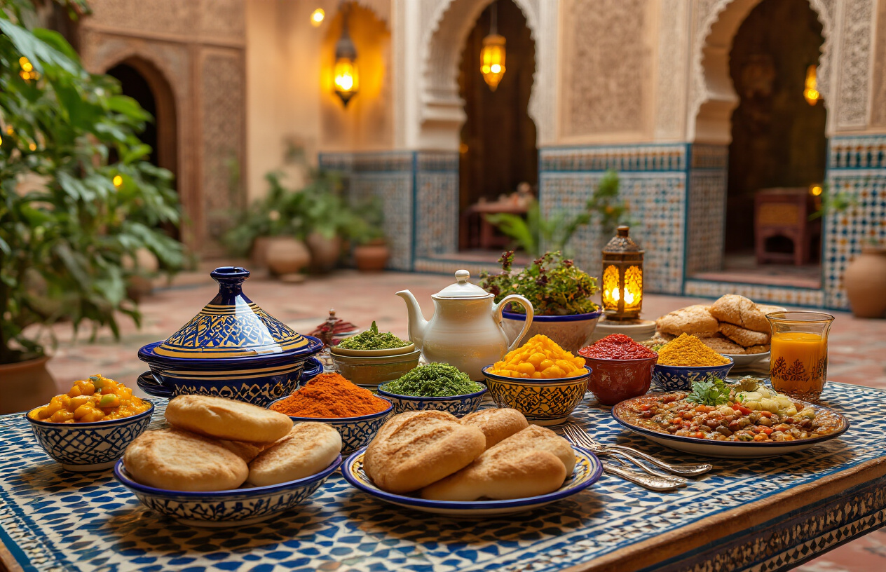 realistic image of a beautifully arranged Moroccan dining spread on a low traditional table, featuring colorful ceramic tagine dishes, fresh bread, vibrant spiced condiments, and decorative mint tea glasses with a teapot, set in a warm, intimate Moroccan riad interior with ornate tilework, arched doorways, and soft golden lantern lighting casting a cozy amber glow, evoking a sense of discovery, warmth, and cultural richness, with no people present to keep the focus on the inviting food and atmospheric setting. Absolutely NO text should be in the scene.