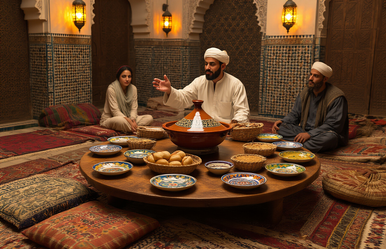 realistic image of a traditional Moroccan dining scene featuring a round low wooden table set with a large shared tagine in the center, colorful ceramic plates, and a basket of Moroccan bread, with a Moroccan male host gesturing respectfully toward the food while guests sit on cushioned floor seating around the table, warm golden lantern lighting casting a cozy glow across richly patterned rugs and mosaic tile walls in the background, evoking a sense of cultural hospitality and tradition. Absolutely NO text should be in the scene.