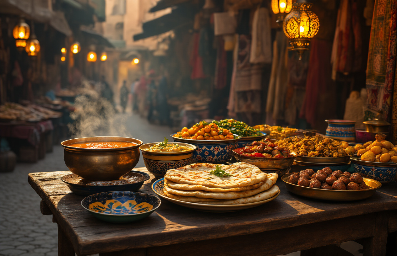 realistic image of a rustic Moroccan market stall displaying an array of lesser-known traditional dishes, including a steaming bowl of harira soup, a plate of msemen flatbread, a dish of zaalouk eggplant salad, and a platter of kefta skewers, arranged on a worn wooden table with colorful ceramic bowls and brass serving dishes, set against a dimly lit medina background with warm golden lantern light casting a cozy, mysterious atmosphere, evoking a sense of discovery and authenticity. Absolutely NO text should be in the scene.