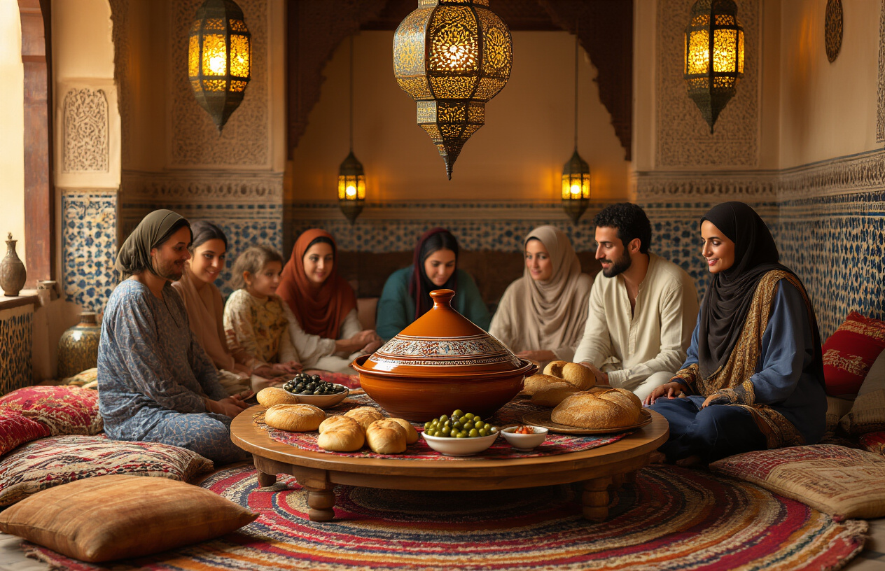 realistic image of a warm and inviting Moroccan dining scene inside a traditional home, featuring a low round wooden table set on a colorful woven rug, with a large shared tagine pot placed at the center surrounded by Moroccan bread, olives, and small side dishes, a Moroccan family of mixed genders gathered around the table sitting on floor cushions and low sofas, the room decorated with ornate lanterns casting a golden warm glow, intricate zellige tile work and carved plaster walls visible in the background, conveying a sense of hospitality and togetherness. Absolutely NO text should be in the scene.
