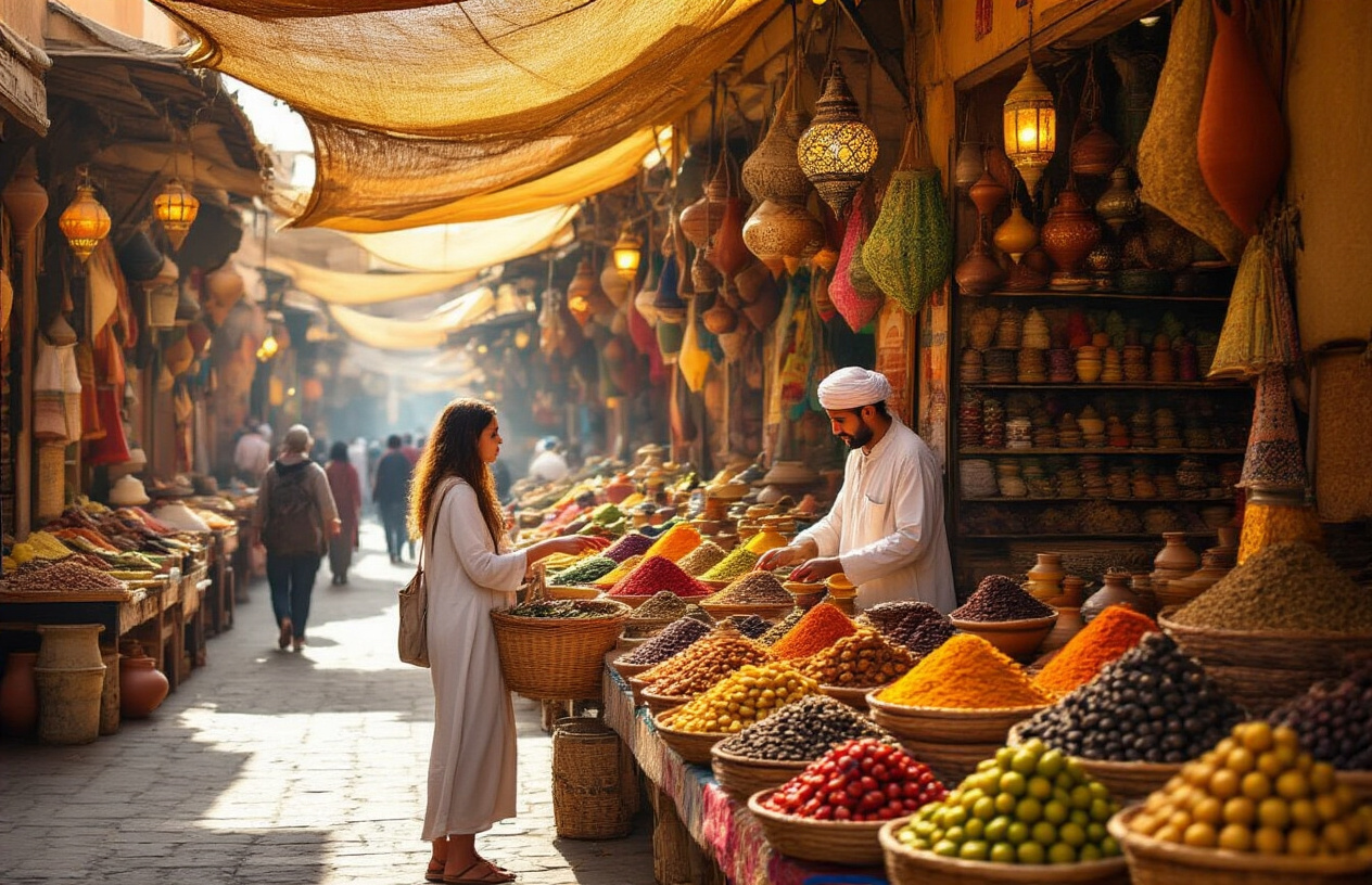 realistic image of a vibrant Moroccan souk with colorful food stalls overflowing with fresh spices, dried fruits, olives, and street food, a Moroccan male vendor arranging tagines and produce at his stall while a white female traveler points curiously at a basket of exotic spices, warm golden afternoon light filtering through woven canopy overhead casting rich shadows, bustling market atmosphere with hanging lanterns, terracotta pots, and pyramids of vivid spices in the background, intimate and immersive scene capturing the sensory richness of navigating a traditional Moroccan market. Absolutely NO text should be in the scene.