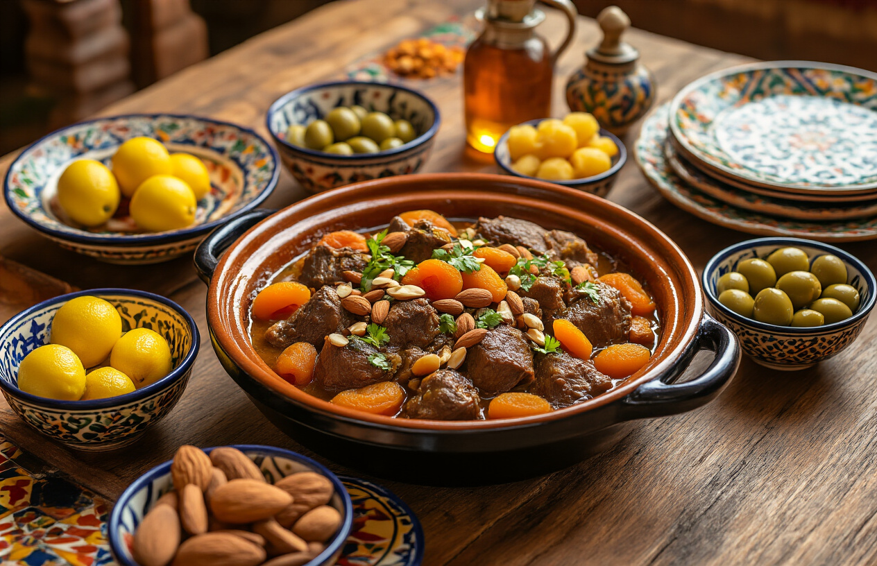 realistic image of a beautifully arranged Moroccan dining spread featuring a vibrant tagine dish filled with slow-cooked lamb, dried apricots, and almonds, surrounded by small bowls of preserved lemons, green olives, fresh herbs, honey, and warm aromatic spices like cinnamon and cumin, all placed on a rustic wooden table with colorful Moroccan ceramic plates and hand-painted tiles in the background, warm golden lighting illuminating the rich colors and textures of the food, evoking a sense of exotic culinary discovery and sensory surprise. Absolutely NO text should be in the scene.