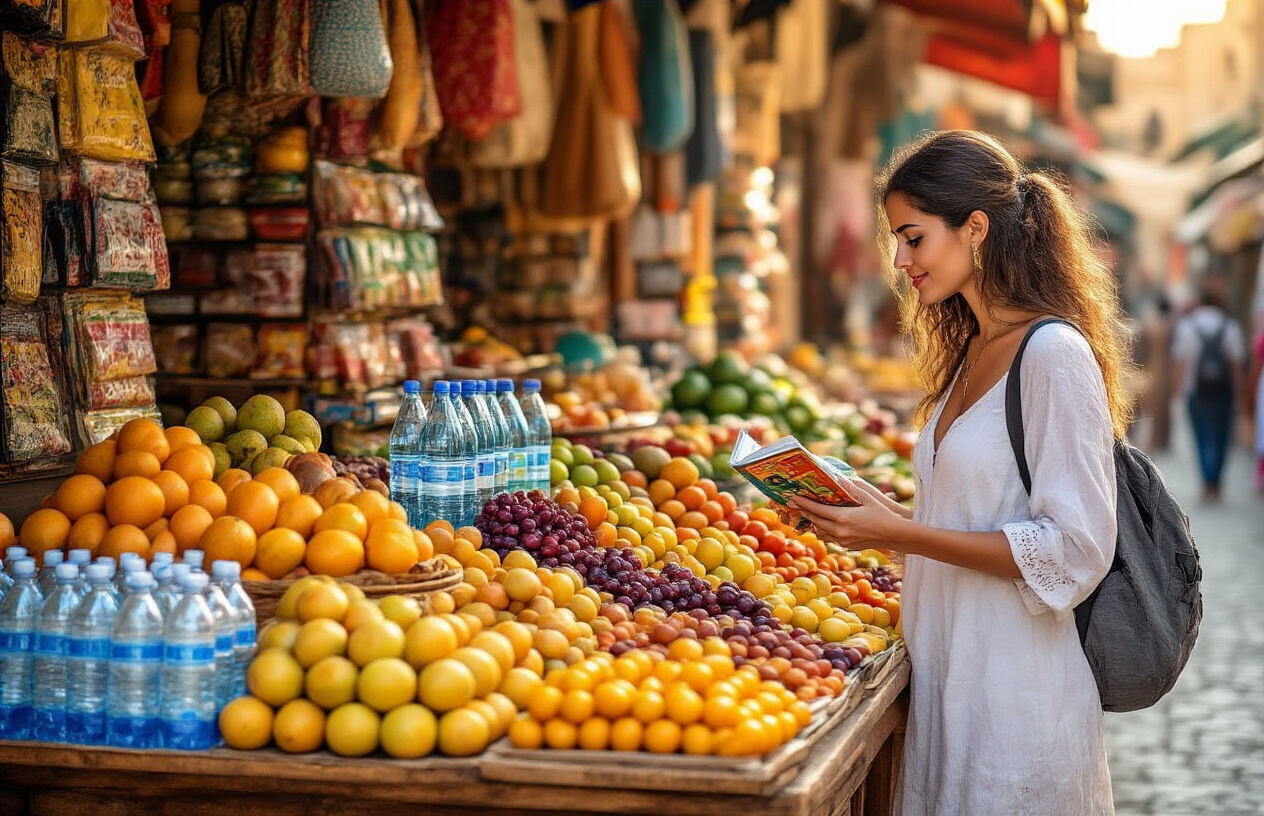 realistic image of a vibrant Moroccan market stall displaying an assortment of fresh fruits, bottled water, and packaged snacks neatly arranged on a wooden table, with a white female traveler confidently selecting produce while holding a small travel guidebook, set against a backdrop of a colorful Moroccan medina with warm golden afternoon lighting, conveying a sense of informed, cautious, and enjoyable food exploration. Absolutely NO text should be in the scene.