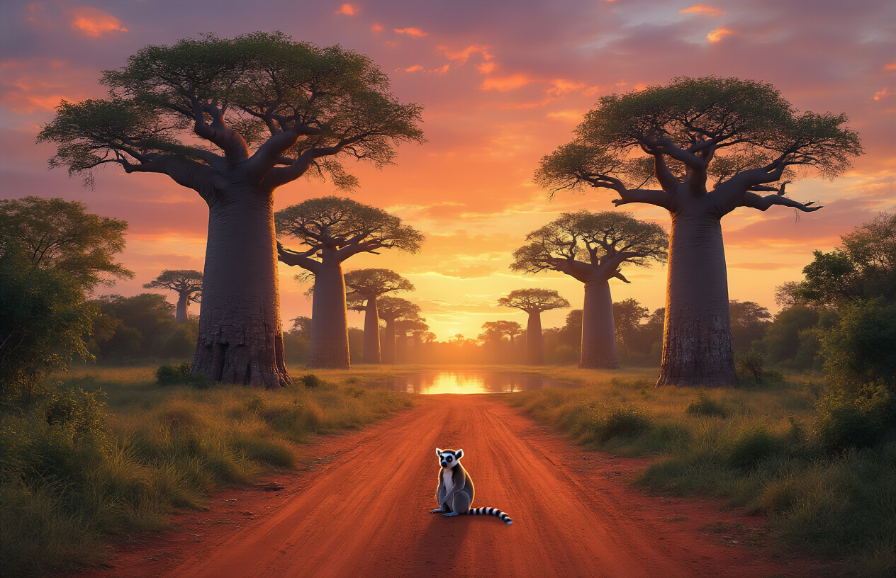 realistic image of a breathtaking Madagascar landscape at golden hour, featuring a dramatic Avenue of the Baobabs with towering ancient baobab trees lining a dirt path, a vibrant orange and pink sky reflecting on a nearby shallow water surface, a lone lemur perched on a baobab branch in the foreground, lush greenery surrounding the scene, warm glowing light casting long shadows across the red dirt road, evoking a sense of wonder, regret, and longing, as if witnessing a magical world that was almost missed, with rich colors and cinematic depth creating an emotionally powerful and awe-inspiring atmosphere. Absolutely NO text should be in the scene.