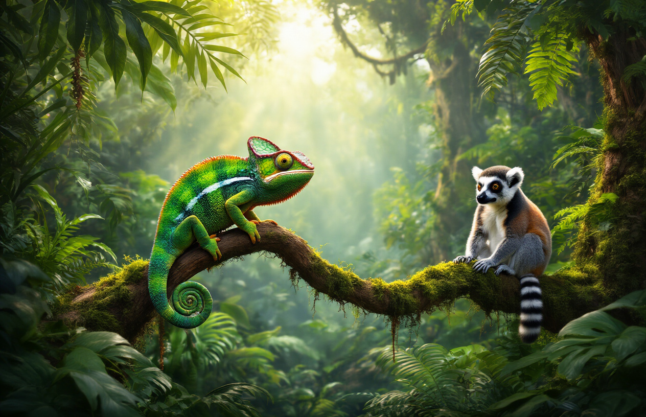 realistic image of a vibrant Madagascar rainforest scene featuring a colorful chameleon perched on a branch in the foreground, its skin displaying vivid greens and yellows, with a ring-tailed lemur visible nearby sitting on a mossy tree limb, surrounded by lush tropical vegetation with large exotic leaves and ferns, soft dappled sunlight filtering through the dense forest canopy above, creating a magical and awe-inspiring atmosphere that conveys the sense of encountering truly rare and extraordinary wildlife found nowhere else on Earth. Absolutely NO text should be in the scene.