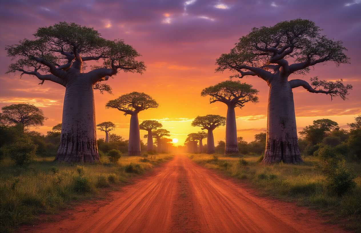 realistic image of a breathtaking Madagascar landscape featuring the iconic Avenue of the Baobabs at golden hour, with massive ancient baobab trees lining a dusty red dirt path, their thick twisted trunks stretching toward a vivid orange and purple sunset sky, lush greenery scattered around the base of the trees, the scene bathed in warm glowing light that casts long dramatic shadows across the ground, creating an otherworldly and awe-inspiring atmosphere. Absolutely NO text should be in the scene.