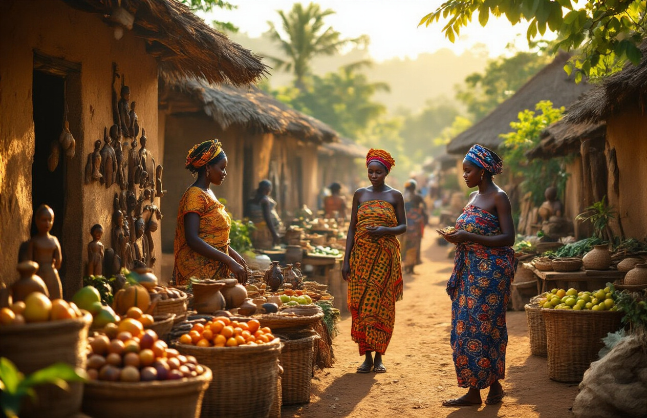 realistic image of a vibrant Madagascar village scene showcasing authentic local culture, featuring Black Malagasy women in traditional colorful woven lambas (garments) engaging in a traditional market setting, with handcrafted wooden carvings, woven baskets, and exotic tropical fruits displayed on stalls, surrounded by lush greenery and rustic clay houses in the background, bathed in warm golden afternoon sunlight that creates an inviting and culturally rich atmosphere. Absolutely NO text should be in the scene.