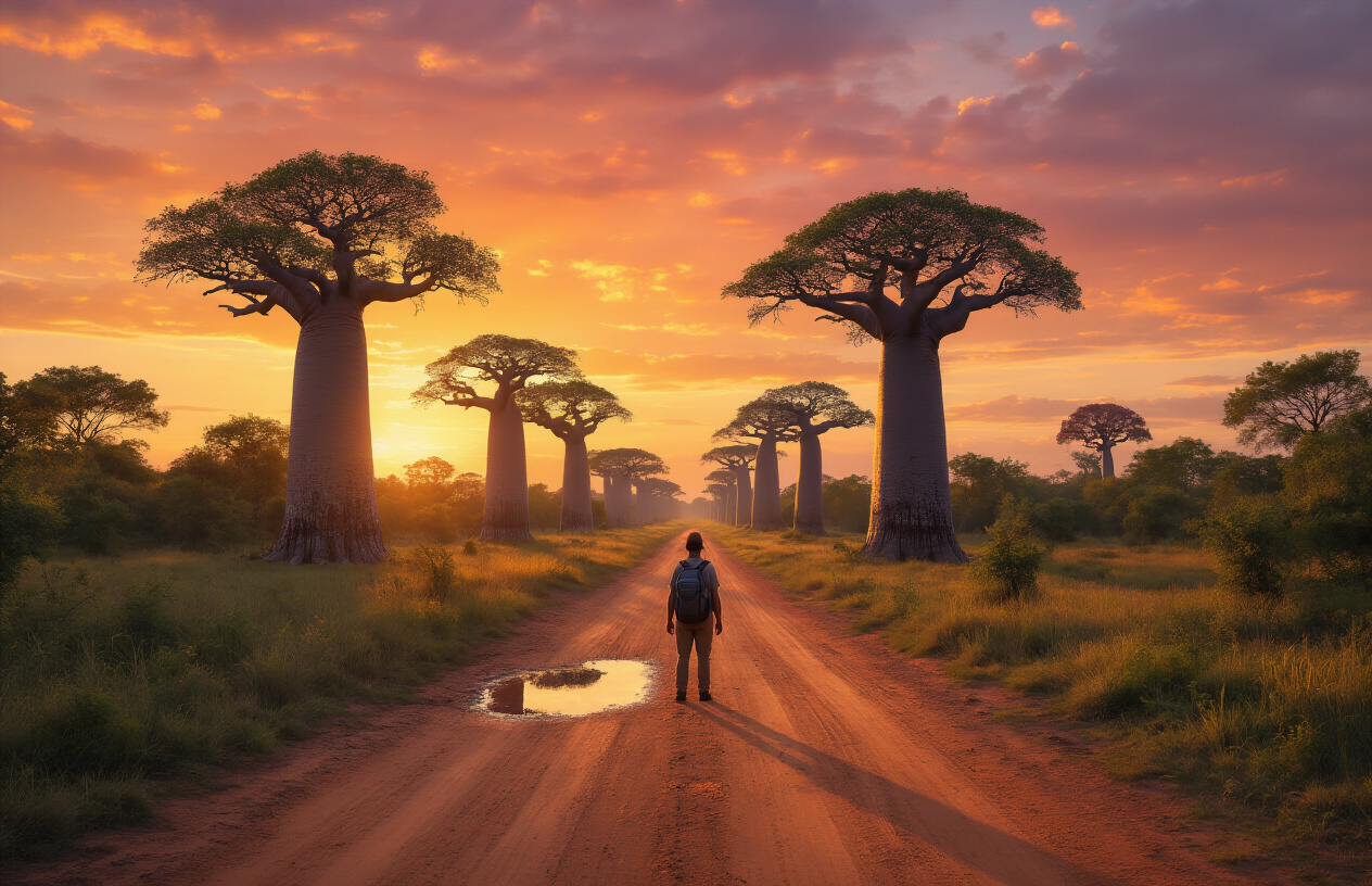 realistic image of a dramatic Madagascar landscape featuring a unique Avenue of the Baobab with towering ancient baobab trees lining a dirt road at golden hour, a lone traveler with a backpack standing in awe amidst the giants, vibrant orange and pink sky reflecting off a nearby shallow water pool, lush greenery surrounding the scene, creating a sense of rare and untouched wilderness adventure that few travelers ever witness, warm glowing light casting long shadows across the dusty path, evoking a mood of wonder, exclusivity, and breathtaking natural discovery. Absolutely NO text should be in the scene.