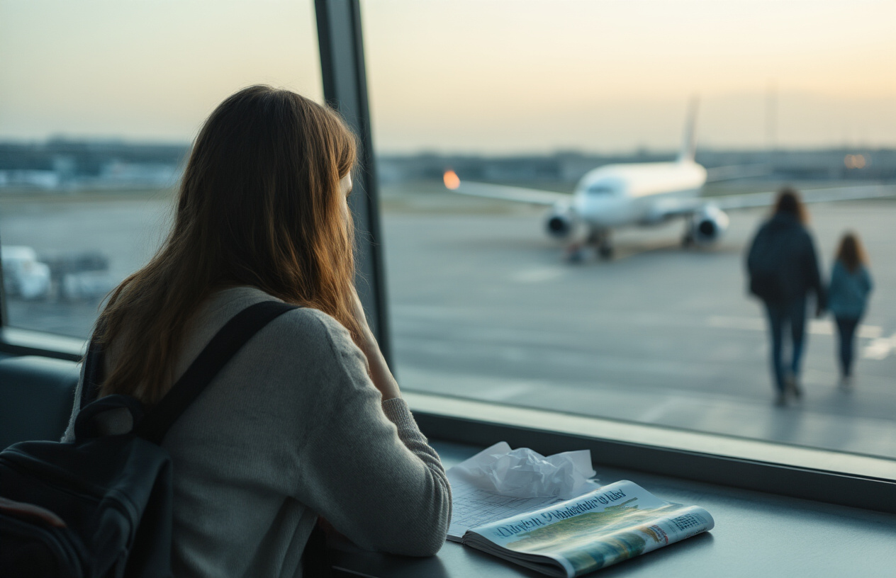 realistic image of a dejected white female traveler sitting alone at an airport departure gate, gazing out a large window at a plane on the tarmac, with a crumpled travel itinerary and an untouched guidebook about Madagascar beside her, the scene bathed in dim, melancholic evening light casting long shadows, evoking a sense of regret and missed opportunity, with a blurred background of other travelers heading excitedly to their destinations. Absolutely NO text should be in the scene.
