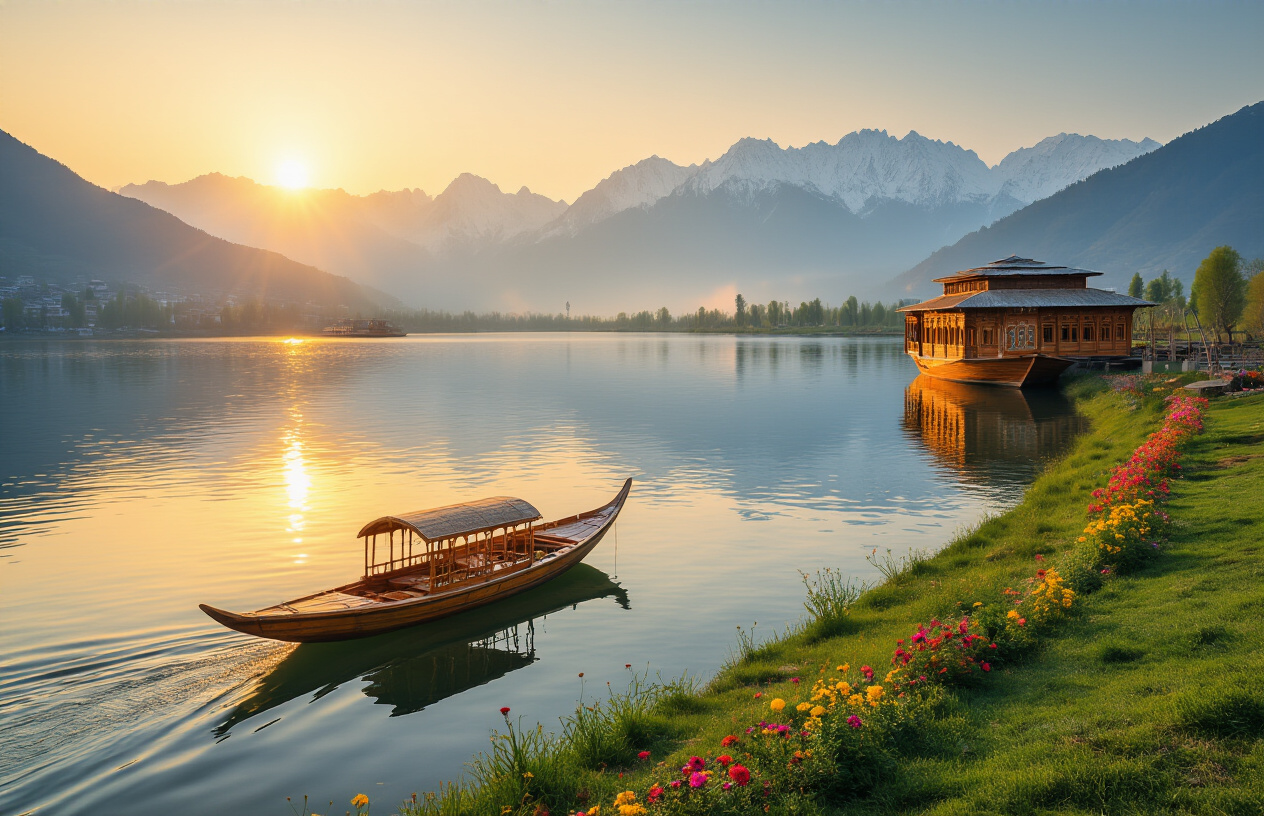 realistic image of a breathtaking panoramic view of Kashmir valley at golden hour, featuring the iconic Dal Lake with a traditional wooden shikara boat gliding gently on the shimmering water, surrounded by snow-capped Himalayan mountains in the background, lush green meadows and colorful blooming flowers in the foreground, with a glimpse of a traditional wooden houseboat adorned with intricate Kashmiri carvings near the shore, warm golden sunlight casting a magical glow across the entire landscape, evoking a serene, dreamlike, and awe-inspiring mood that captures the essence of Kashmir as a paradise destination, Absolutely NO text should be in the scene.