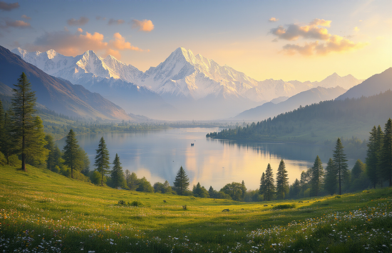 realistic image of a breathtaking panoramic view of Kashmir's valley landscape featuring snow-capped Himalayan mountain peaks in the background, a serene Dal Lake with reflections of surrounding mountains, lush green meadows with wildflowers in the foreground, tall pine and chinar trees framing the scene, and a golden hour lighting casting a warm glow across the entire landscape, evoking a sense of awe and tranquility, Absolutely NO text should be in the scene.