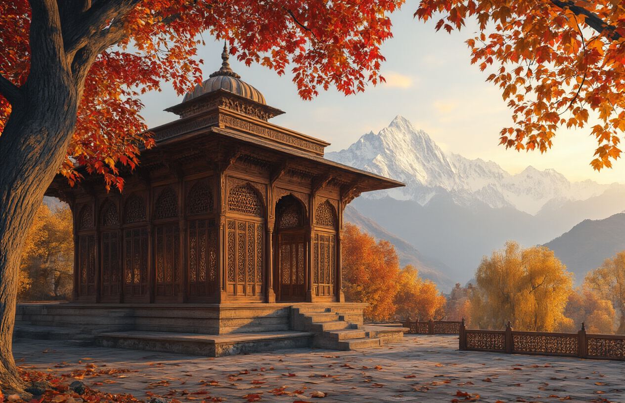realistic image of a beautifully ornate Kashmiri wooden mosque or traditional haveli with intricate hand-carved walnut wood architecture and detailed lattice windows, surrounded by ancient chinار (chinar) trees with vibrant autumn leaves in shades of red and gold, with the snow-capped Himalayan mountains visible in the background, soft golden hour lighting casting a warm glow over the scene, evoking a sense of timeless history and cultural richness, serene and majestic atmosphere. Absolutely NO text should be in the scene.
