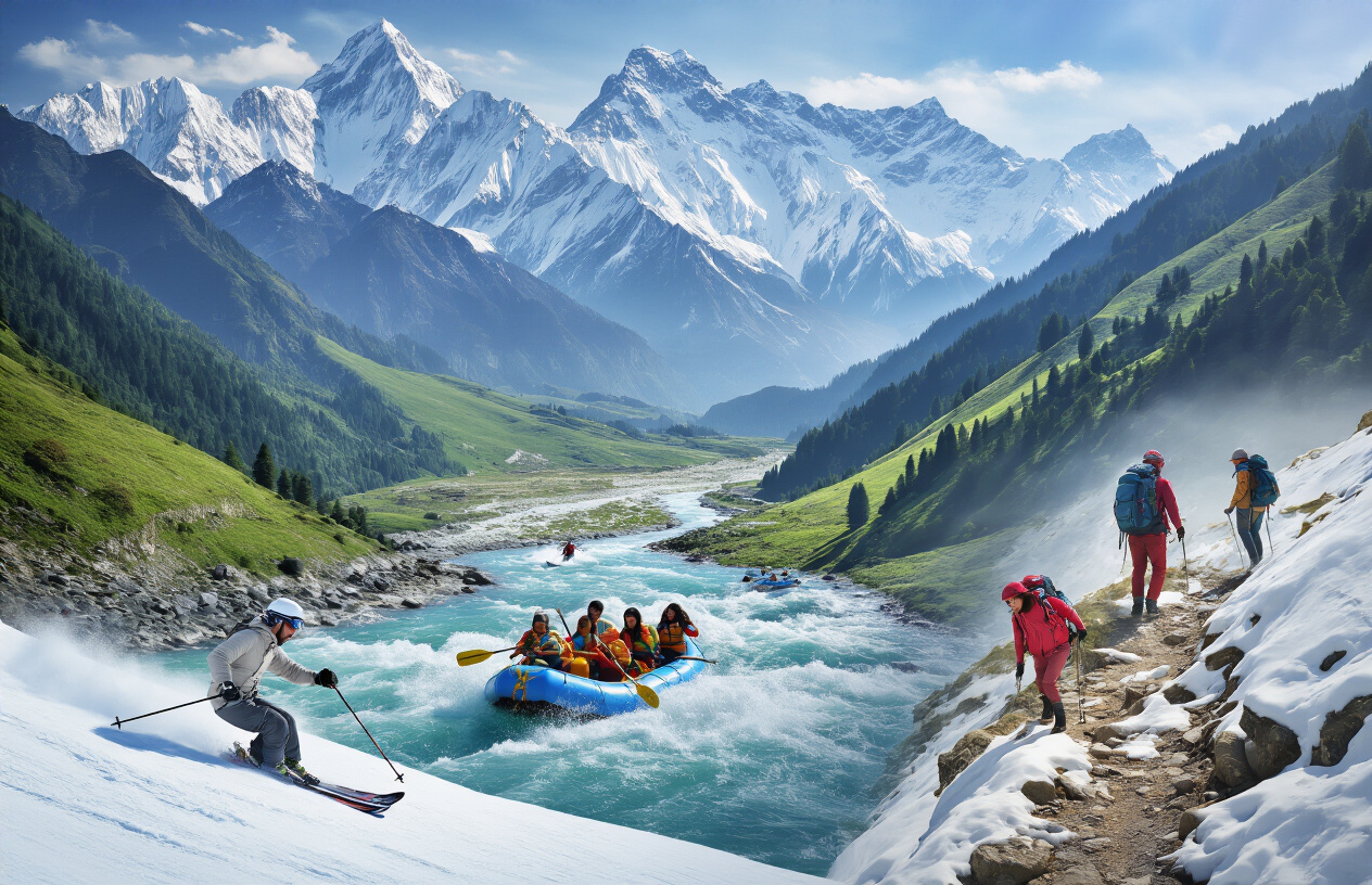 realistic image of a dynamic collage-style scene set against the breathtaking backdrop of Kashmir's snow-capped Himalayan mountains and lush green valleys, featuring multiple thrilling adventure activities happening simultaneously, including a white male traveler skiing down a snow-covered slope, an Asian female traveler white-water rafting through a rushing river, and a group of hikers trekking along a scenic mountain trail, with vibrant natural lighting illuminating the landscape, conveying a sense of excitement, freedom, and adventure amidst Kashmir's stunning natural beauty. Absolutely NO text should be in the scene.