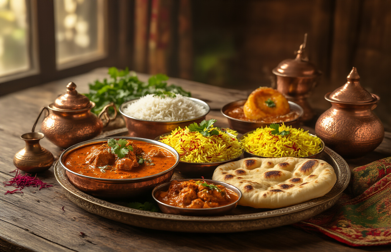 realistic image of a beautifully arranged spread of traditional Kashmiri dishes on a rustic wooden table, featuring iconic dishes like Rogan Josh, Wazwan, saffron rice, and Kashmiri bread, garnished with fresh herbs and saffron strands, with ornate copper and clay serving vessels adding authenticity, set against a warm, softly lit background with hints of a traditional Kashmiri wooden interior, the scene exuding a rich, inviting, and aromatic atmosphere with warm golden lighting highlighting the vibrant colors and textures of the food. Absolutely NO text should be in the scene.