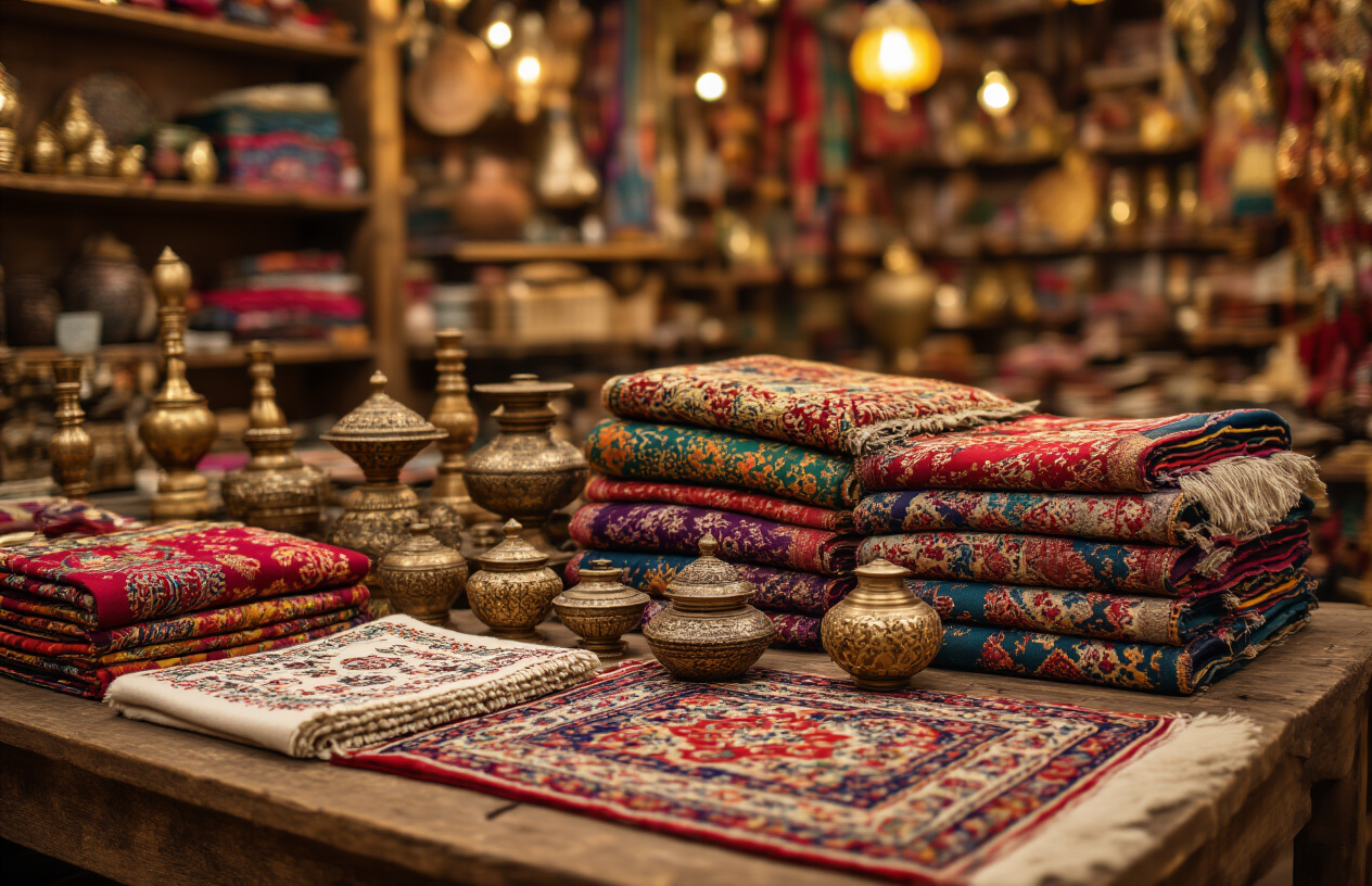 realistic image of a beautifully arranged display of world-famous Kashmiri handicrafts, including intricately embroidered Pashmina shawls in rich jewel tones, hand-carved wooden decorative items, and colorful hand-knotted carpets with traditional patterns, spread across a rustic wooden surface in a warmly lit artisan shop, with shelves of crafts visible in the softly blurred background, evoking a sense of cultural richness and artisanal craftsmanship, with warm golden lighting highlighting the fine details and textures of each piece. Absolutely NO text should be in the scene.