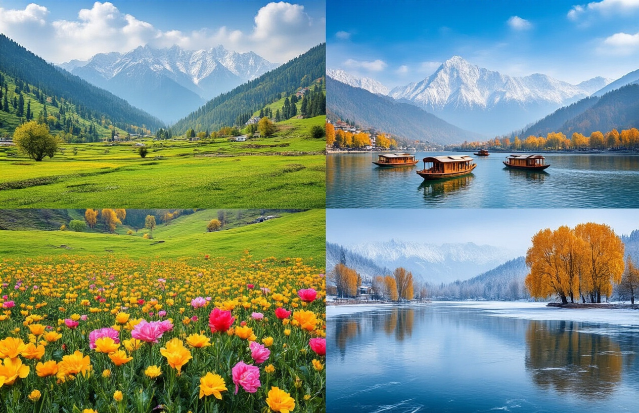 realistic image of a stunning four-panel collage showcasing Kashmir's distinct travel seasons, featuring a lush green valley with blooming flowers in spring, a bright summer landscape with houseboats on Dal Lake under clear blue skies, a golden autumn scene with chinar trees reflecting in calm waters, and a magical snow-covered winter mountain vista with frozen lakes, all bathed in natural lighting that highlights the breathtaking beauty of each season, with a serene and inviting mood that captures the diverse charm of Kashmir throughout the year. Absolutely NO text should be in the scene.