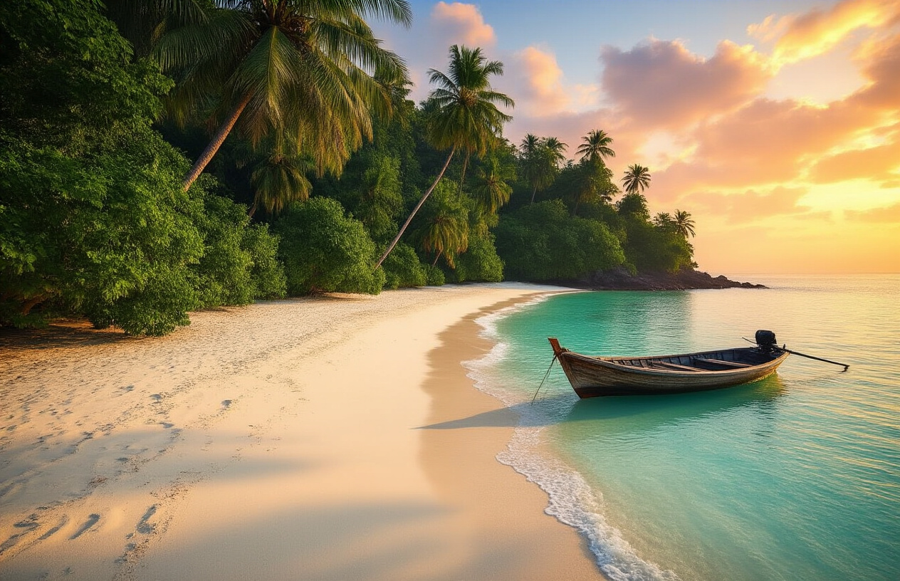 realistic image of a breathtaking, untouched tropical beach in the Andaman Islands during golden hour, featuring crystal-clear turquoise water gently lapping against a pristine white sand shoreline, surrounded by lush dense green jungle and towering palm trees, with a lone wooden boat resting on the shore, the sky painted in warm shades of orange and pink reflecting off the calm water, the scene radiating a sense of serene isolation and undiscovered paradise with no crowds or tourist infrastructure in sight, soft dramatic lighting casting long golden shadows across the sand, Absolutely NO text should be in the scene.