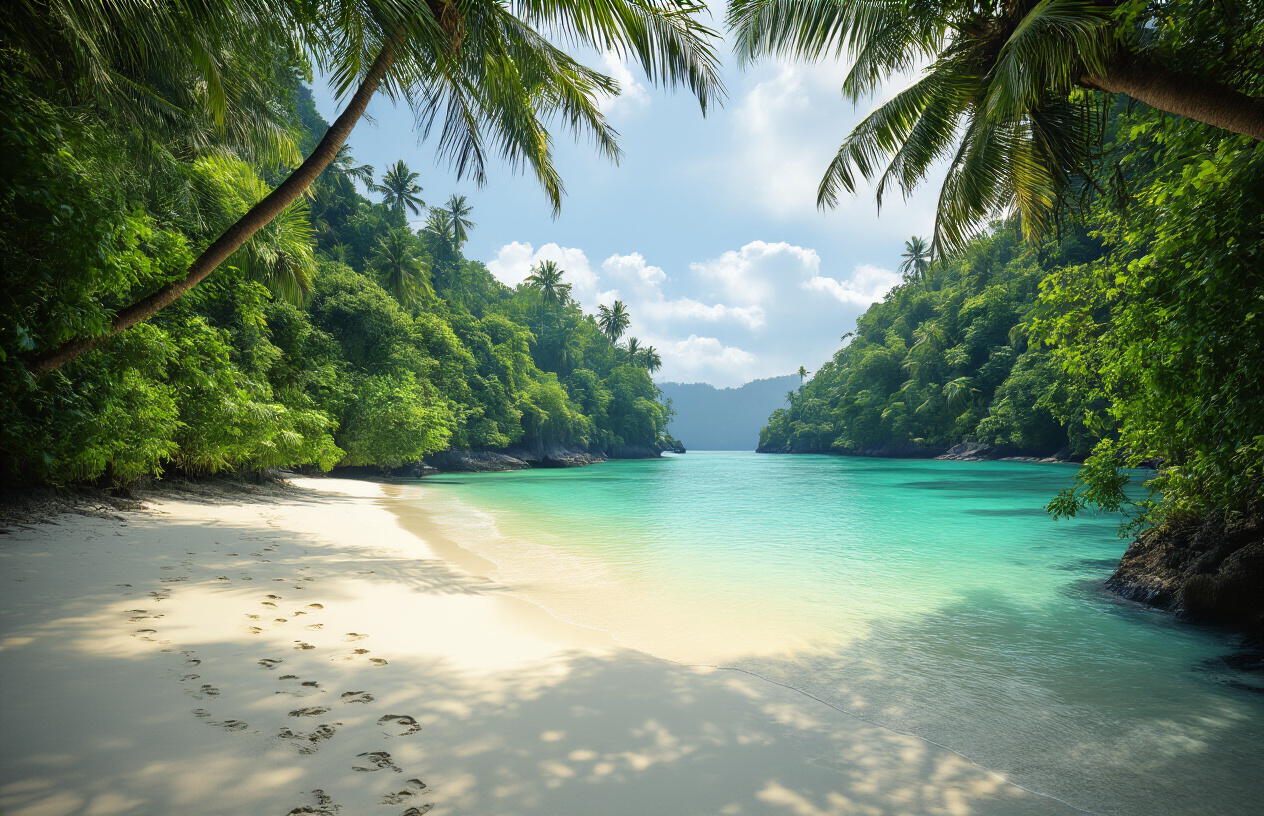 realistic image of a pristine, untouched beach in the Andaman Islands with crystal-clear turquoise water gently lapping against a shore of pure white sand, surrounded by dense, lush tropical jungle and towering palm trees forming a natural barrier, with no signs of human presence such as footprints, umbrellas, or infrastructure, the beach appearing completely secluded and hidden, bathed in soft golden natural light filtering through the jungle canopy, evoking a sense of remote wilderness and unspoiled natural beauty, Absolutely NO text should be in the scene.