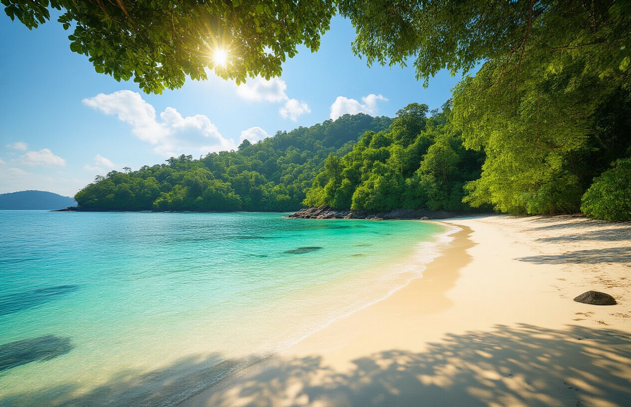 realistic image of a pristine, untouched beach at Merk Bay in North Andaman, featuring crystal-clear turquoise water gently lapping against a stretch of pure white sand, surrounded by dense tropical green forest and lush jungle foliage extending to the shoreline, with no signs of human development or crowds, soft golden sunlight filtering through the trees casting warm reflections on the calm water, creating a serene and remote atmosphere that feels completely undiscovered, with a few smooth rocks near the shore and a vivid blue sky with light clouds overhead. Absolutely NO text should be in the scene.