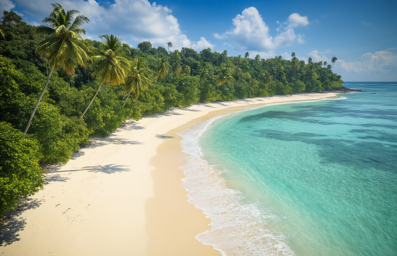 realistic image of a pristine, untouched tropical beach at Butler Bay, Little Andaman Island, featuring a wide stretch of powdery white sand curving gently along the shoreline, framed by dense lush green jungle and tall palm trees leaning naturally toward the sea, with crystal-clear turquoise water gently lapping the shore, soft rolling waves in the background, and a serene, remote atmosphere under warm golden sunlight with a few scattered clouds in a vivid blue sky, evoking a sense of a hidden, undiscovered paradise. Absolutely NO text should be in the scene.