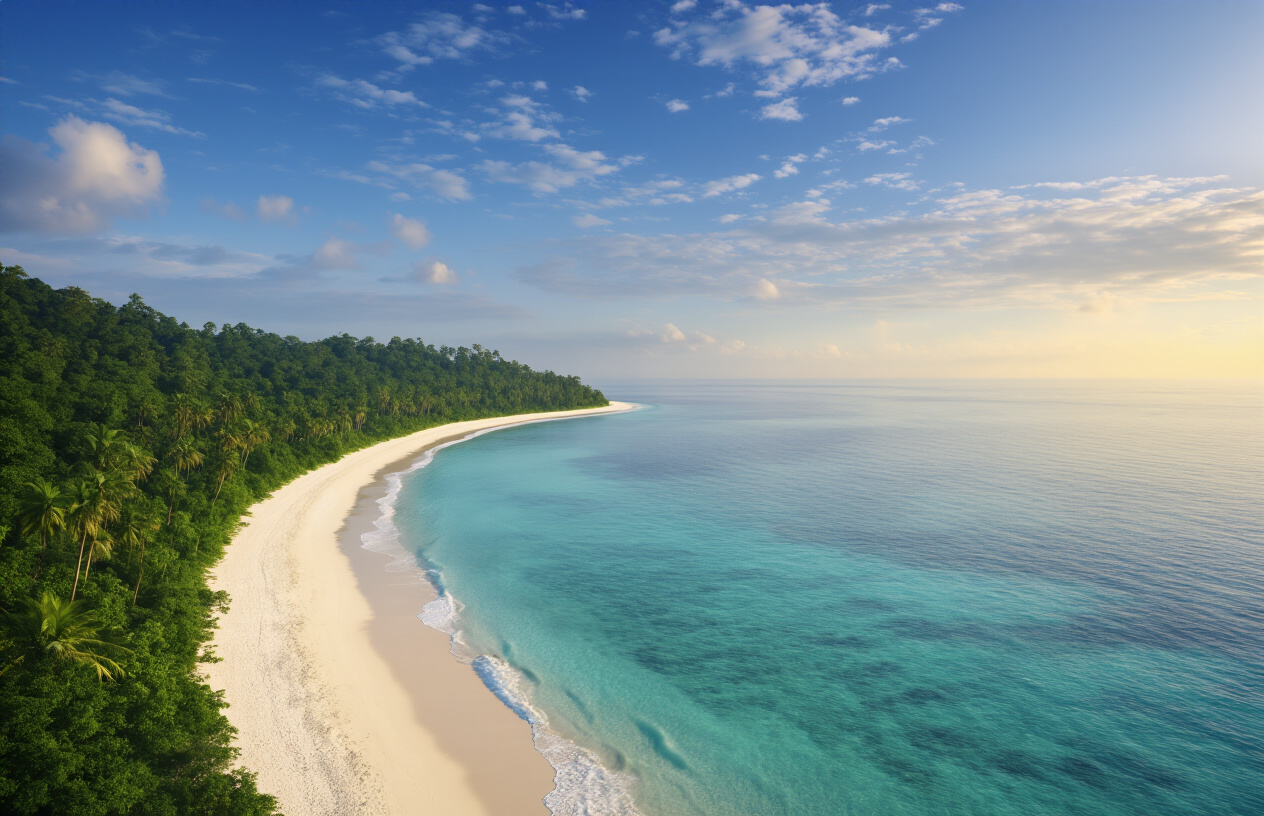 realistic image of a pristine, secluded beach at Ramnagar, North Andaman Island, featuring a long stretch of untouched white sand curving gently along the shoreline, surrounded by dense tropical green forest on one side and calm, crystal-clear turquoise water on the other, with no crowds or tourist infrastructure visible, gentle waves lapping the shore under soft golden sunlight creating a warm, serene, and remote atmosphere, giving the impression of a completely hidden and undiscovered paradise. Absolutely NO text should be in the scene.