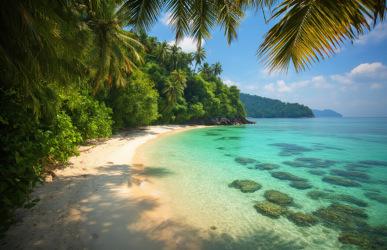 realistic image of a secluded, pristine beach at Elephant Beach in Andaman, accessed through an unconventional jungle trail rather than the typical tourist route, featuring lush dense tropical greenery parting to reveal a stunning hidden shoreline with crystal-clear turquoise water, white powdery sand, and colorful coral visible beneath the shallow water, with no crowds or tourist infrastructure in sight, bathed in warm golden sunlight filtering through palm trees, evoking a sense of discovery and untouched natural beauty. Absolutely NO text should be in the scene.