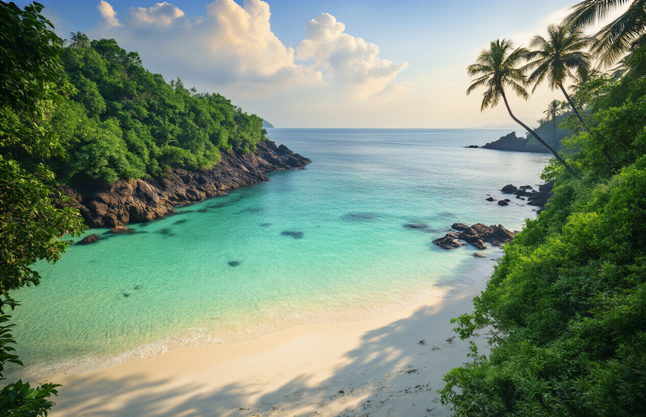 realistic image of a pristine, secluded beach at Sitapur Beach, Neil Island, Andaman, featuring crystal-clear turquoise waters gently lapping against a clean white sandy shore lined with lush green tropical trees and dense vegetation, a dramatic rocky coastline visible in the background, soft golden light of early morning casting a warm glow over the untouched landscape, the scene appearing completely deserted and undiscovered with no crowds, a calm and tranquil atmosphere evoking a sense of hidden paradise, vivid natural colors of the sea contrasting with the lush greenery, Absolutely NO text should be in the scene.